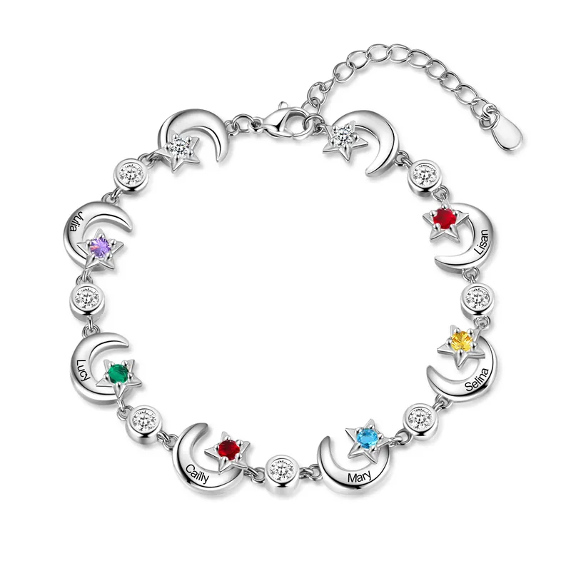 Remise Bracelet Lune 6 Prénom Personnalisé avec 6 Pierre de Naissance