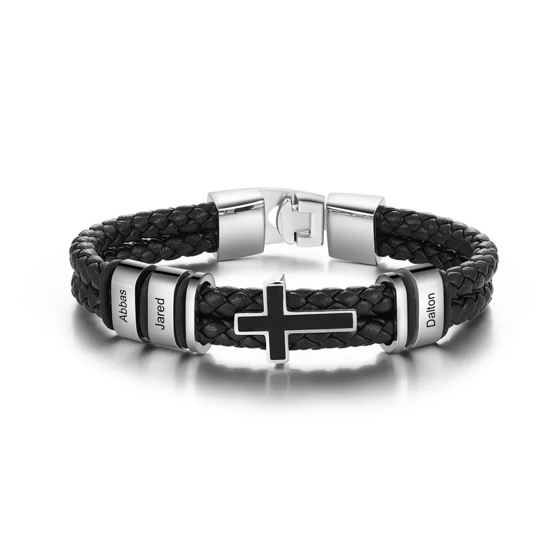 Premium Bracelet Croix en Cuir 3 Prénoms Personnalisés