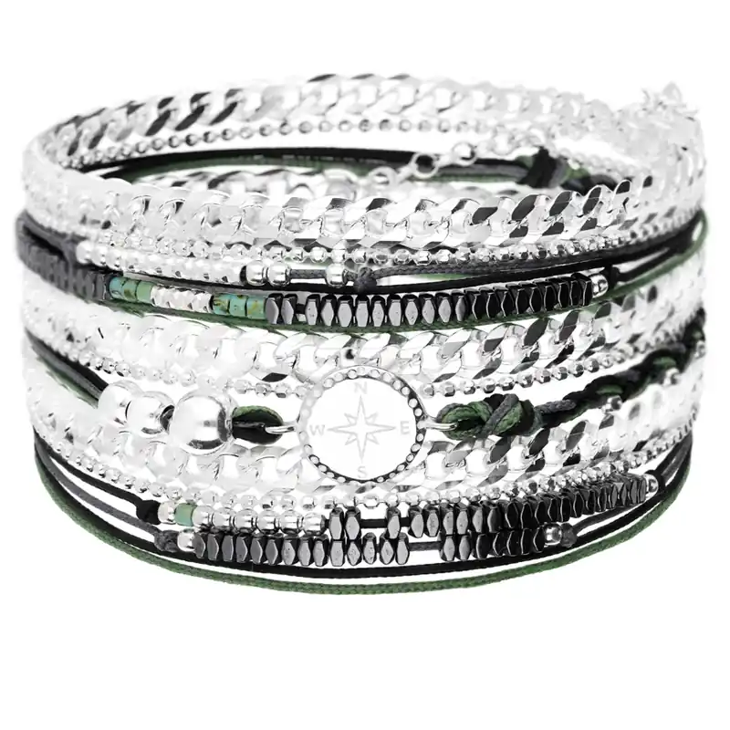 Vente Directe BRACELET MAILLE ROCK ROSE DES VENTS TRIPLE TOURS NOIR VERT