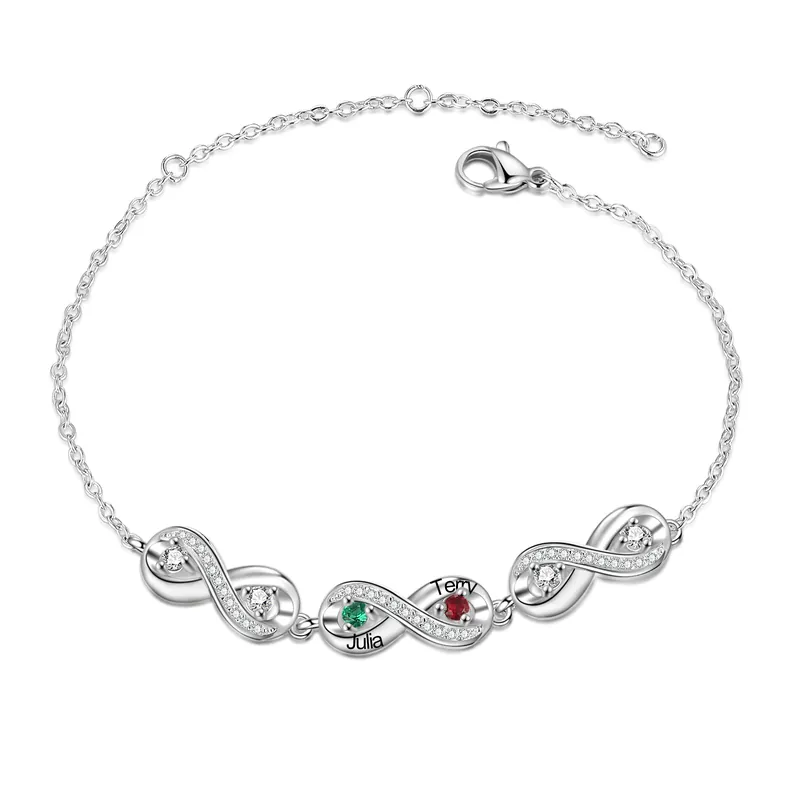 Offre Spéciale Bracelet Infini 2 Prénoms Personnalisé avec 2 Pierres de Naissance
