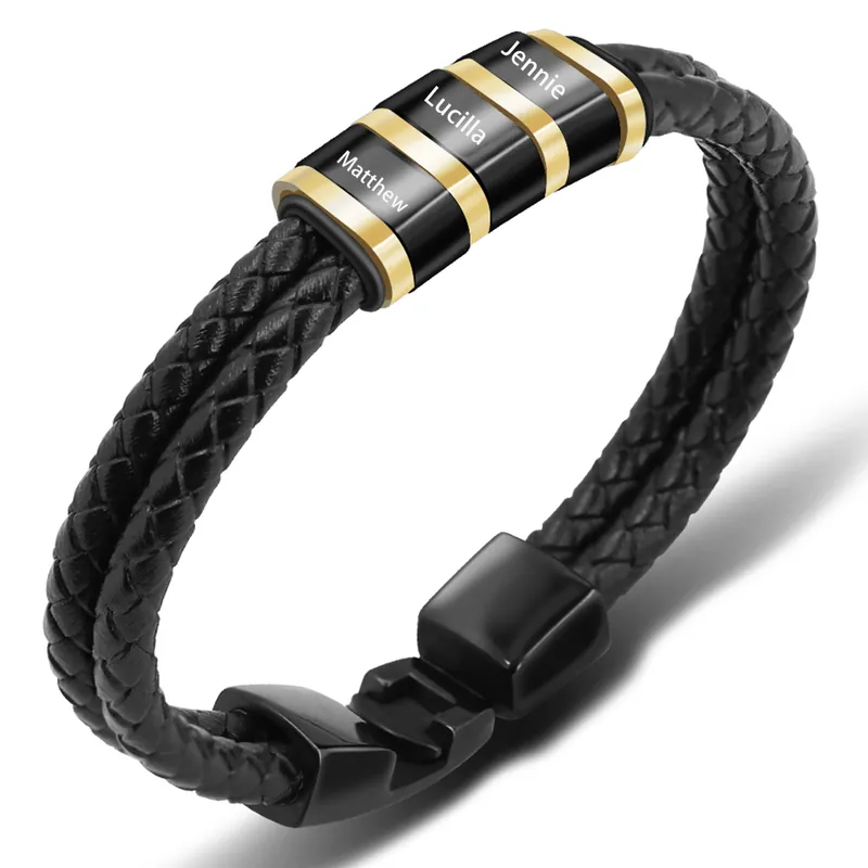 Bracelet Homme Personnalisé en Cuir Tressé avec Gravure de 3 Noms | Cadeau Unique Solde