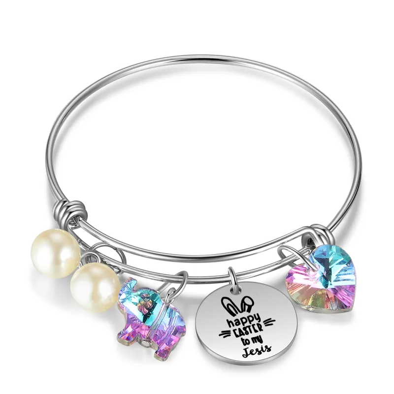 Premium Bracelet Cristal éléphant et coeur de Pâques 1 Prénom Personnalisé avec 1 texte