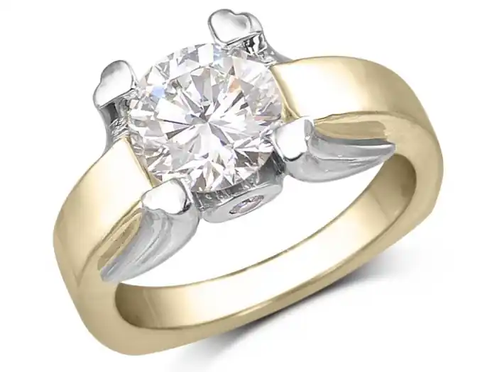 Meilleure Qualité Bague Sacré-Coeur solitaire 2 carats griffes en cœur et diamants surprises en or 14k 2 tons