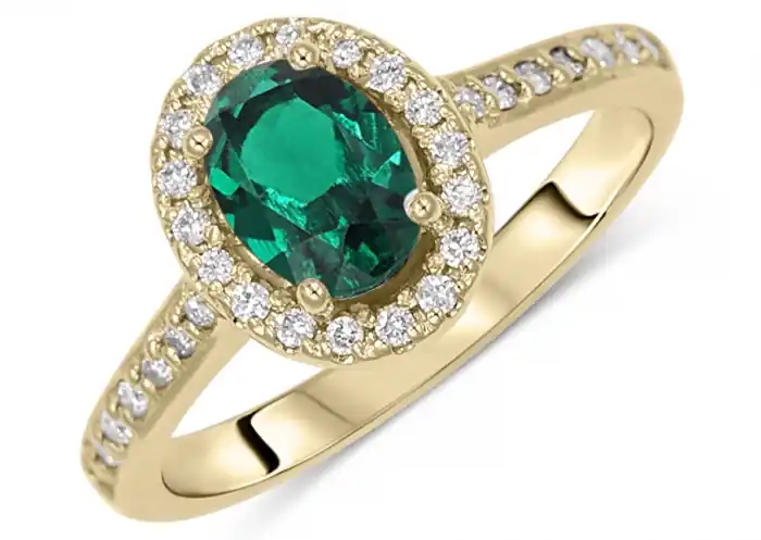 Bague Eclipse émeraude de laboratoire ovale et halo de diamants or jaune 14K Gros Lot