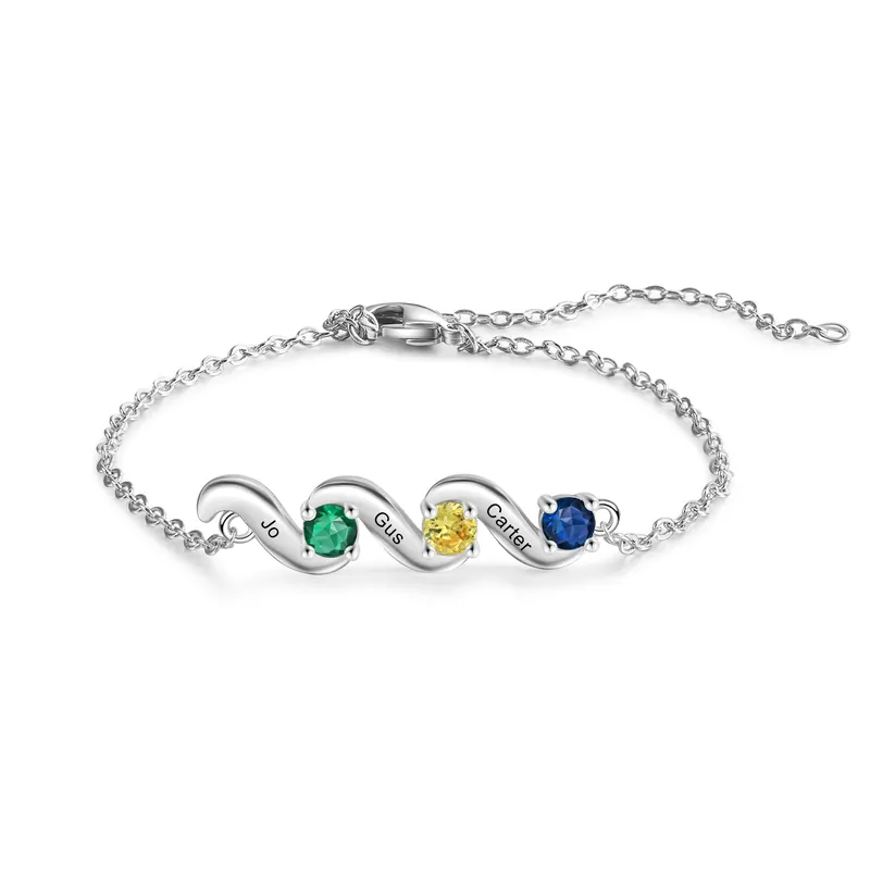 Tendance Bracelet 3 Prénoms Personnalisé avec 3 Pierres de Naissance