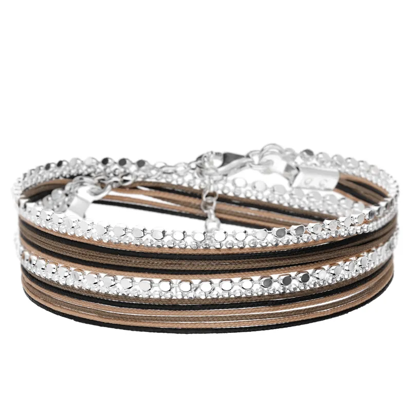 Vente Flash BRACELET MULTI-TOURS CORDONS BEIGES NOIRS CHAÎNES DIAMANTÉES OSLO