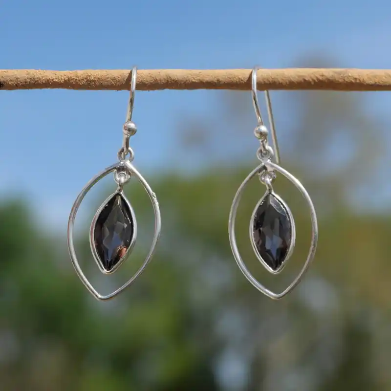 Artisanat Boucles d'oreilles navettes ajourees argent et Quartz fume (brun)