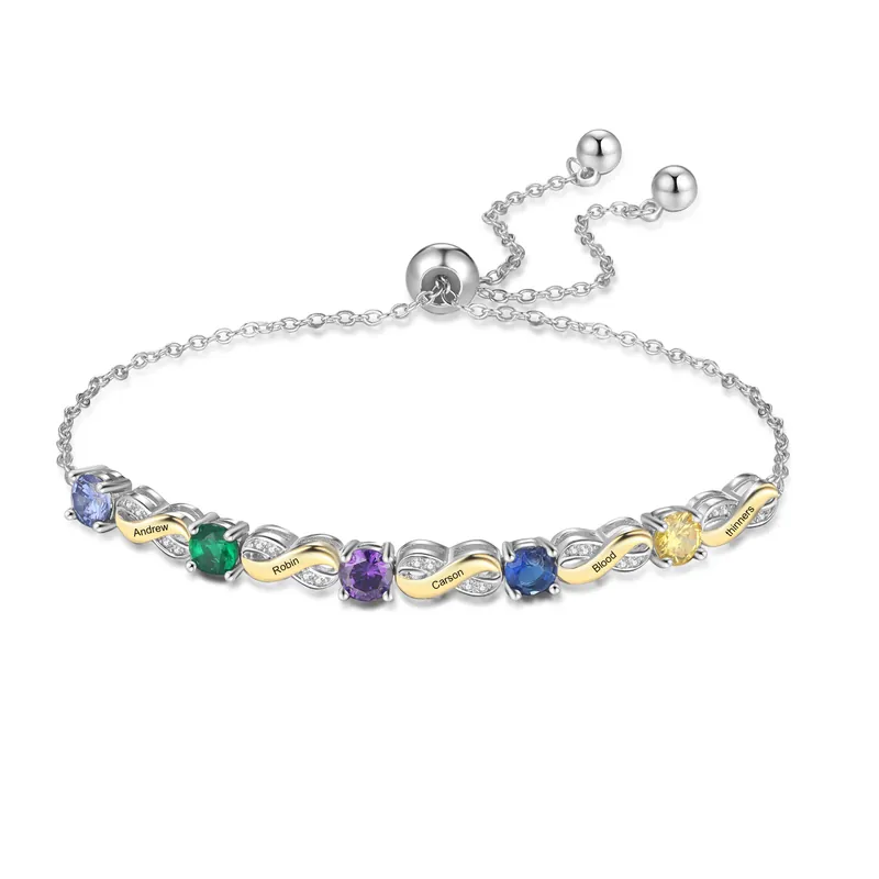 Bracelet infini 5 Prénoms Personnalisé avec 5 Pierres de Naissance Commande En Gros