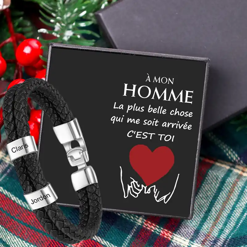 Achetez Aujourd’hui Bracelet homme cuir tressé personnalisé 2–5 prénoms, 2 tailles avec coffret | Jessemade