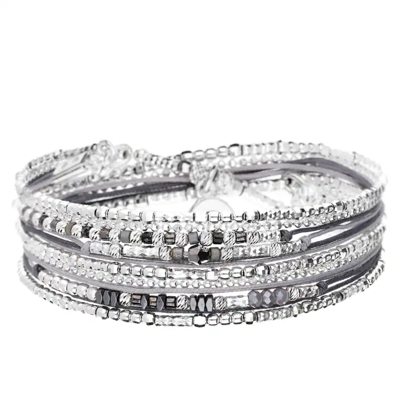 Retour Gratuit BRACELET SAINT-TROPEZ MULTI-TOURS ÉLASTIQUE GRIS FONCÉ