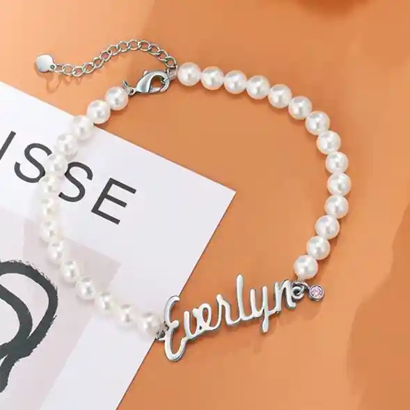 Paiement Sécurisé Bracelet Perle Gourmettre Prénom Personnalisé avec pierre de naissance