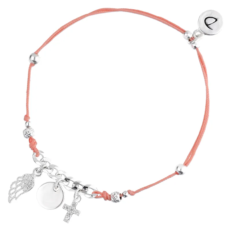 Achetez Aujourd’hui BRACELET CORDON MAILLE ROCK AILE PASTILLE CROIX ROSE CORAIL CLAIR Argent 925 Gravable