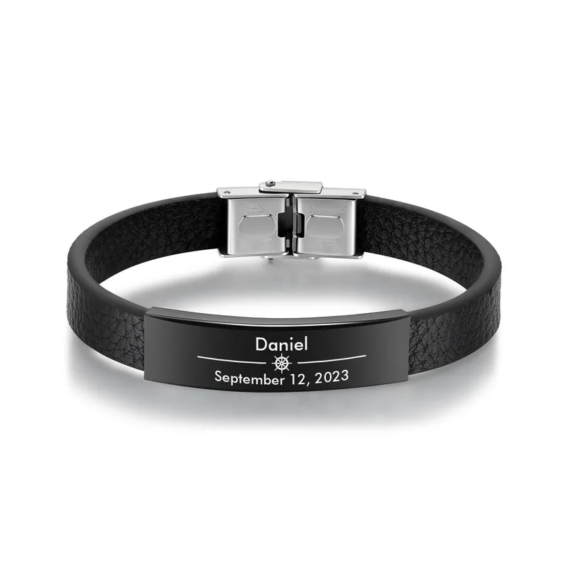 Bracelet Cuir 1 Prénom et Date Personnalisés pour Homme Pas Cher