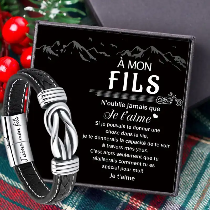 À Mon Fils - Bracelet en Cuir 2 Prénoms Personnalisés Bon Marché