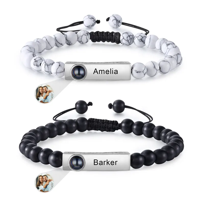 2PCS Bracelets Projection de Pierres 2 Prénoms et 1 Photo Personnalisés pour Couple Offre Limitée