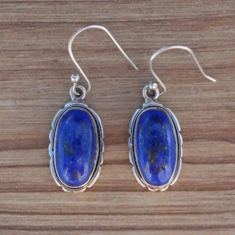 Prix Bas Boucles d'oreilles oblongues pierre Lapis lazuli argent cisele (bleu)