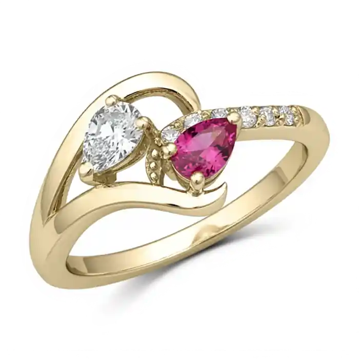 Solde Iseault – Bague Toi & Moi diamant et rubis de laboratoire taille poire en or jaune 10k pour femme