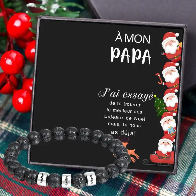 À mon Papa - Bracelet 3 Prénoms Personnalisés Pierre de lave Noir Bracelet Homme Artisanat