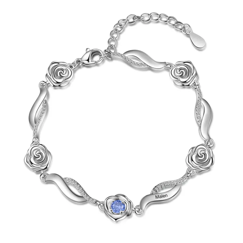 Bracelet Roses 1 Prénom Personnalisé avec 1 Pierre de Naissance Achetez Aujourd’hui