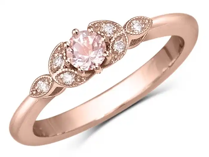Offre Limitée Bague Mareva morganite et diamants style vintage avec millegrain et feuilles en or rose 10k pour femme