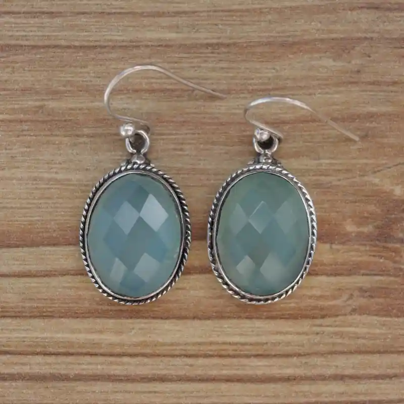 Produit De Marque Boucles d'oreilles ovales argent strie et pierre Calcedoine agua (bleu)
