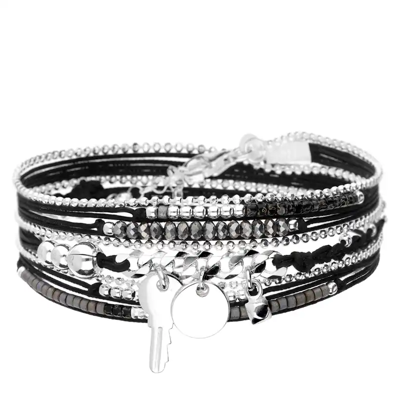 BRACELET MAILLE ROCK CLÉ PASTILLE PIERRE DOUBLE TOURS NOIR Argent 925 Gravable Prix Promo