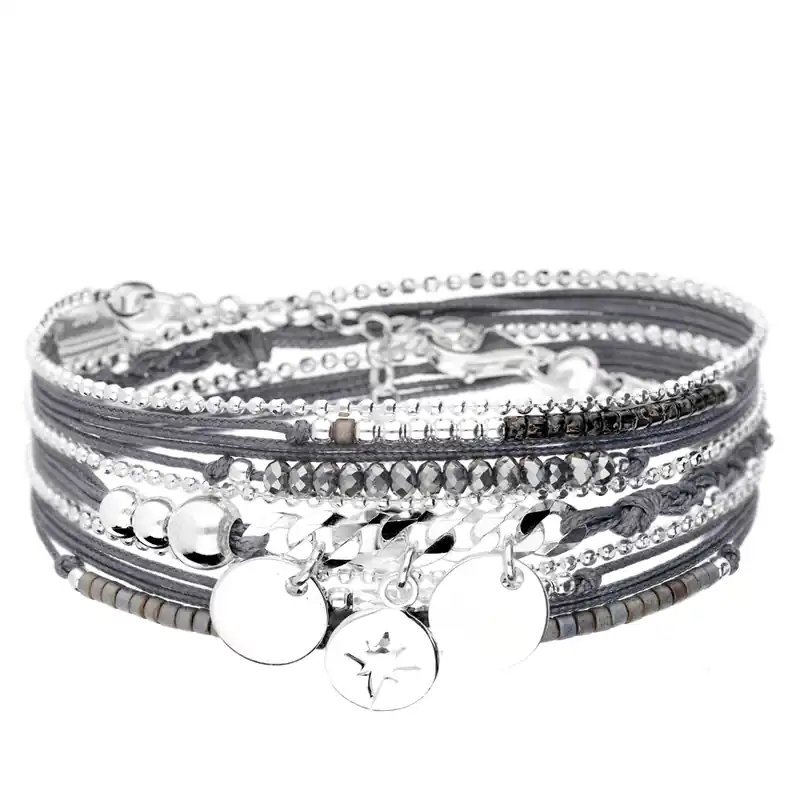 BRACELET MAILLE ROCK PASTILLES ETOILE DU NORD DOUBLE TOURS GRIS Argent 925 Gravable Commander Vite