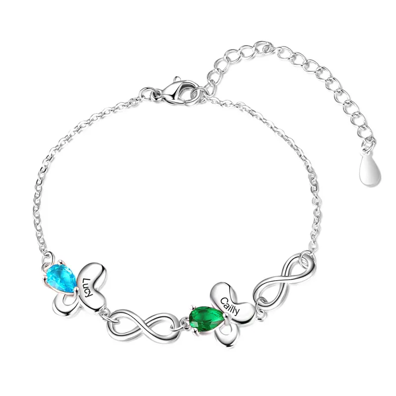 Prix Bas Bracelet papillon 2 Prénom Personnalisé avec 2 Pierre de Naissance