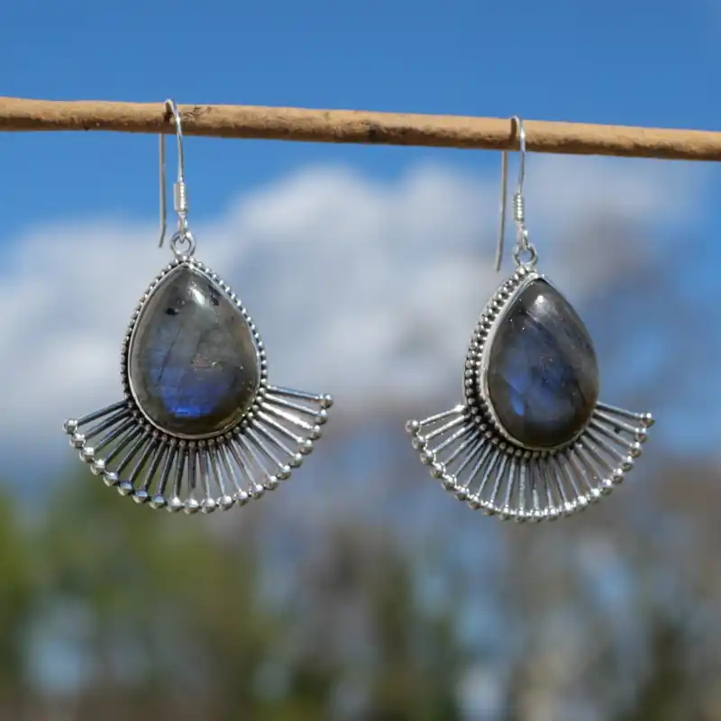 Vente Flash Grandes boucles gouttes pierre Labradorite et rayons en argent (bleu)