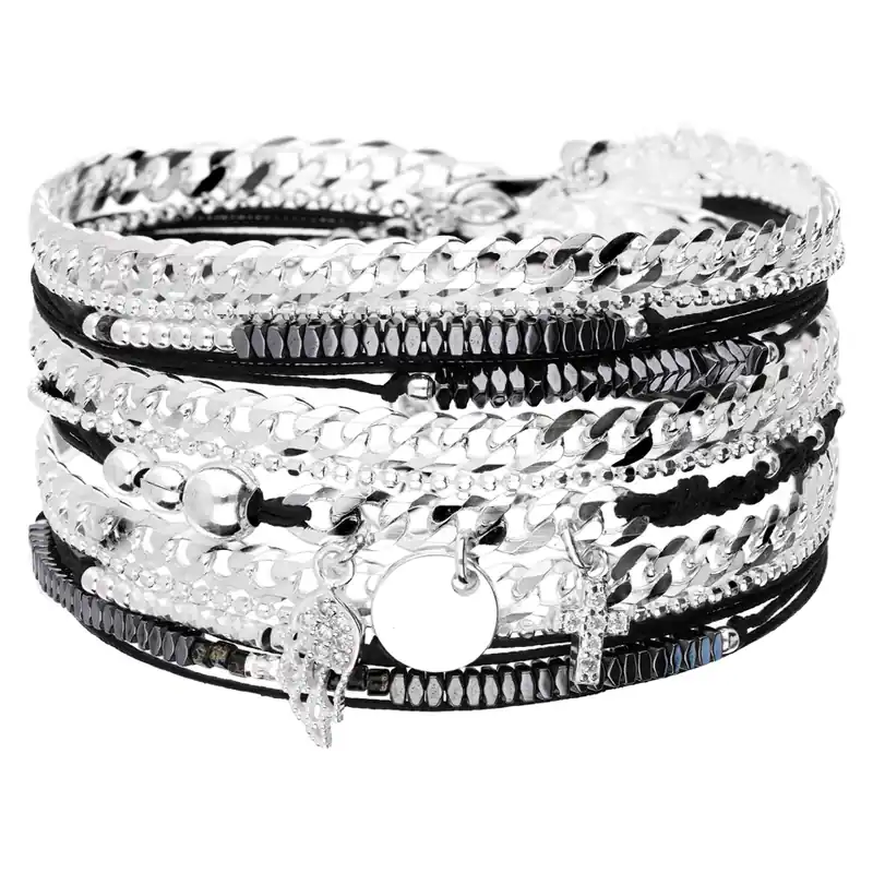 Fait Main BRACELET MAILLE ROCK AILE PASTILLE CROIX TRIPLE TOURS NOIR Argent 925 Gravable