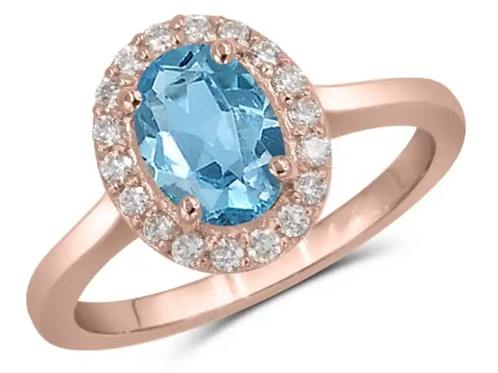 Authentique Bague Lumina topaze bleue ovale et halo de diamants en rose 14k pour femme