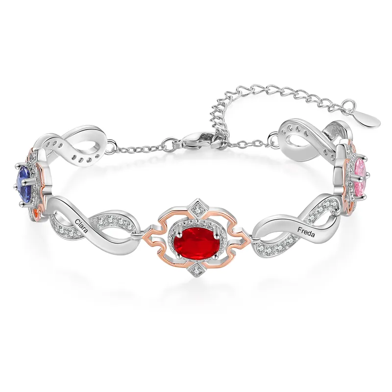 Meilleure Vente Bracelet Infini Fleurs 4 Prénoms Personnalisés avec 3 Pierres de Naissance pour Femme