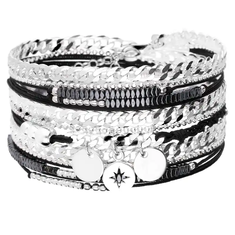 Pas Cher BRACELET MAILLE ROCK PASTILLES ETOILE DU NORD TRIPLE TOURS NOIR Argent 925 Gravable