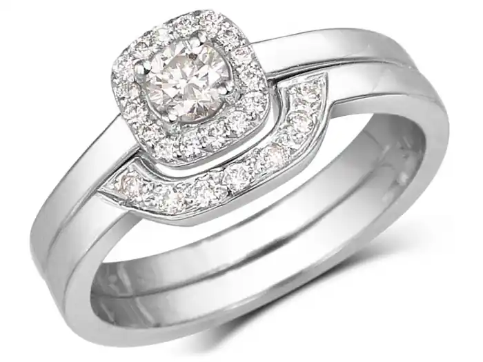 Set d'alliances Cloédie à diamants halo forme coussin en or jaune 14k Original