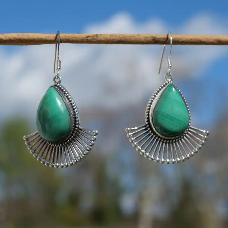 Grandes boucles gouttes pierre Malachite et rayons en argent (vert) Pas Cher