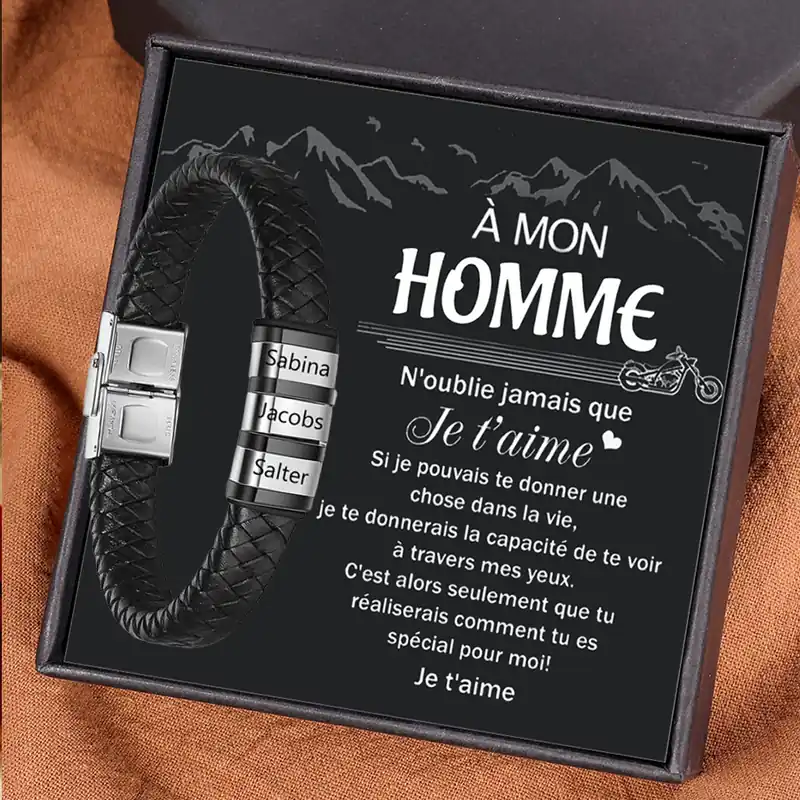 Expédié Aujourd’hui À mon Homme - Bracelet Cuir tressé 3 Prénoms Personnalisés Bracelet Homme