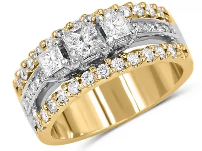 Bague Kaméline trinité diamants princesse semi-éternité double en or 14k deux tons jaune et blanc pour femme Nouveauté
