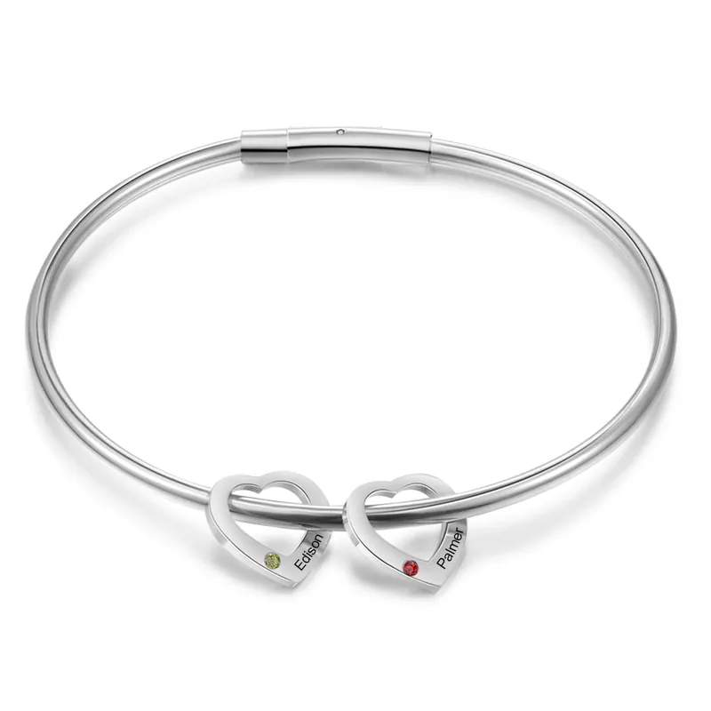 Bracelet jonc Bracelet Coeur 2 Prénoms Personnalisés avec 2 Pierres de Naissance Jusqu’à Épuisement Des Stocks