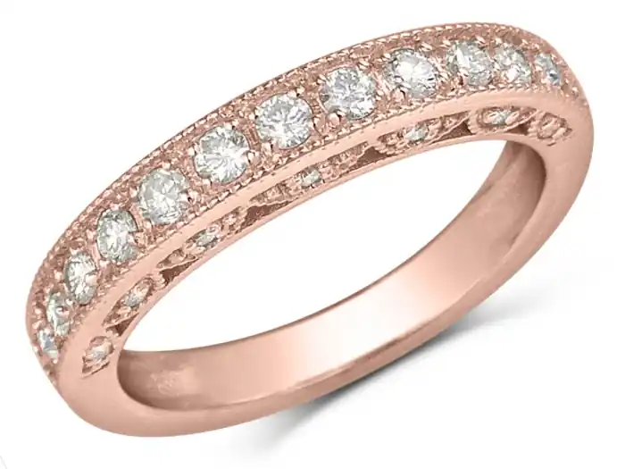 Bague Châtelet semi-éternité à diamants vintage millegrain et profil brillant en or rose 14k pour femmes Must-Have