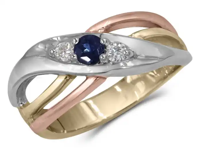 Prix Choc Bague Vitalis trinité saphir bleu et diamants en or 10k trois tons pour femme