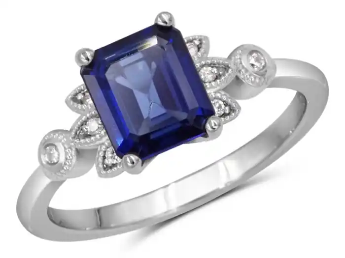 Meilleure Qualité Bague Eugénie saphir octogone et diamants design feuilles vintage en or jaune 10k pour femme