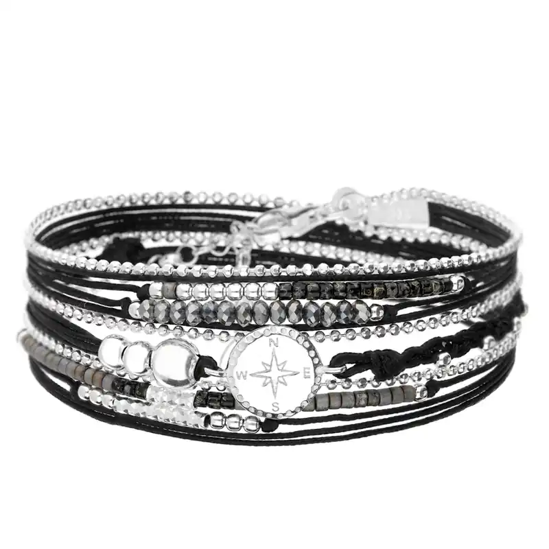BRACELET MULTI-TOURS ROSE DES VENTS NOIR GRIS FONCÉ Offre Exclusive