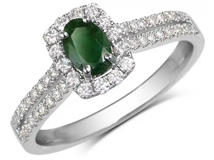 Bague Renouveau émeraude et halo de diamants jonc double en or blanc 18k pour femme Gros Lot