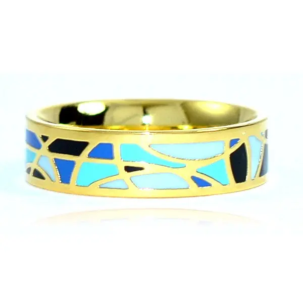 Bague acier inoxydable or émail couleur bleu noir Marque