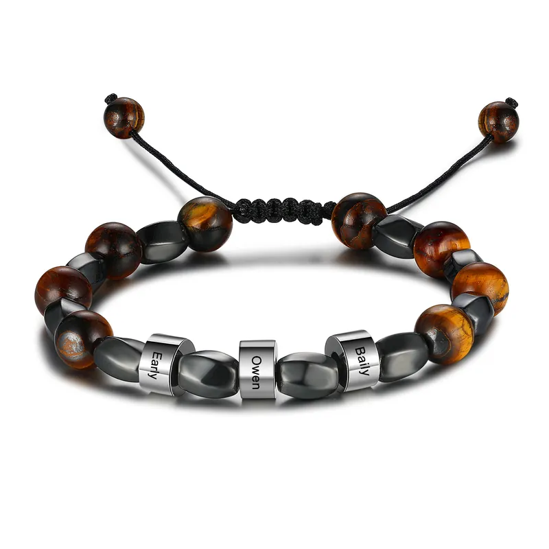 Bracelet 3 Prénom Personnalisé Calcul biliaire noir et pierre d'œil de tigre Bracelet Homme Noeud Coulissant Satisfait Ou Remboursé