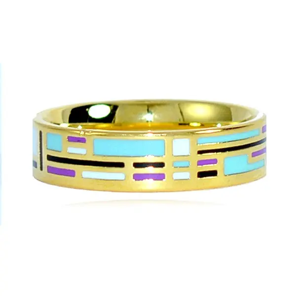 Nouveauté Bague acier inoxydable or émail couleur bleu noir blanc violet