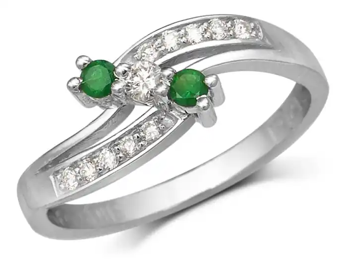 Premium Bague Inès trinité diagonale émeraudes et diamants en or blanc 14k pour femme