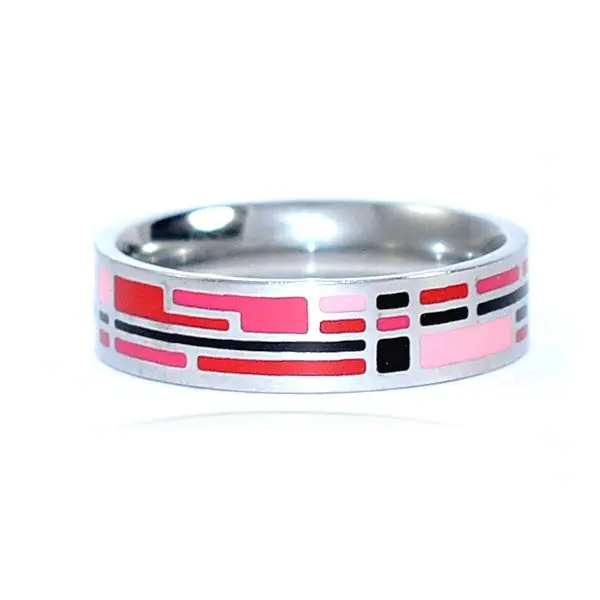 Soldes Bague acier inoxydable émail couleur rose rouge noir