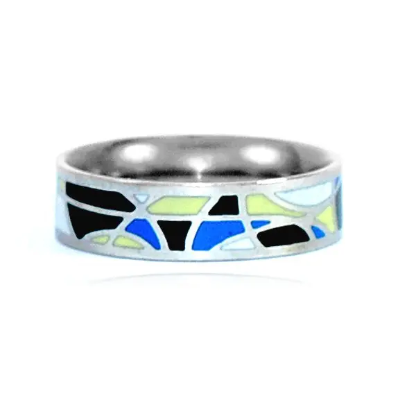 Dernière Chance Bague acier inoxydable émail couleur bleu blanc noir jaune