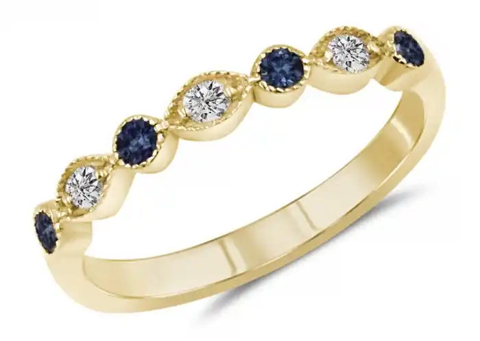 Prix Réduit Jonc Cybèle semi-éternité vintage saphirs et diamants entourés de millegrain en or jaune 14k